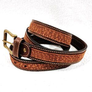 Vintage Brown Leather & Suede Belt With Brass Buckle